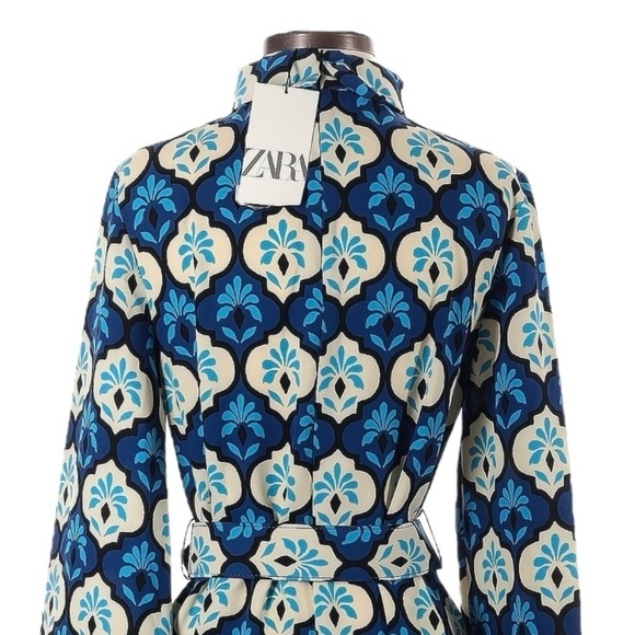 Zara Retro Belted Mini Dress XS NWT Blue 60s 70s Mod Print Long Sleeve High Neck - Picture 4 of 12